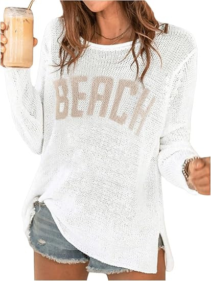 COZYEASE Women's Beach Cover Up Letter Print Long Sleeve Sweater Crew Neck Split Hem Crochet Jump... | Amazon (US)