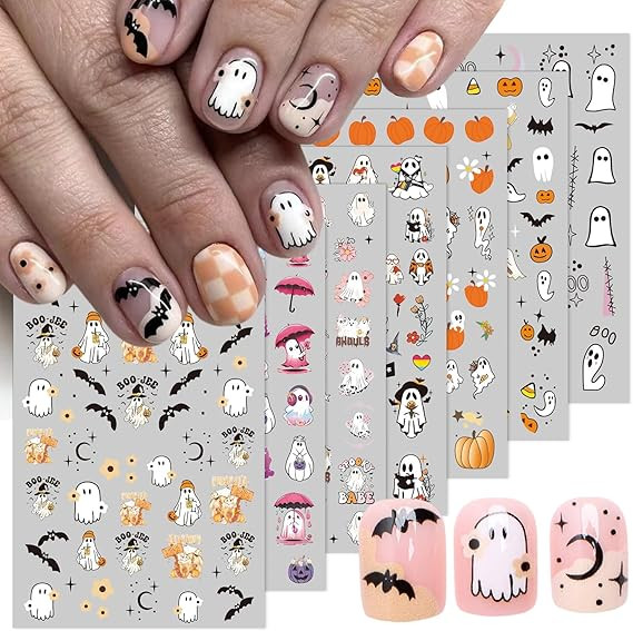Halloween Nail Art Stickers - 3D Pumpkin, Spooky Ghost, Spider Web, Bats Decals - Self Adhesive N... | Amazon (US)
