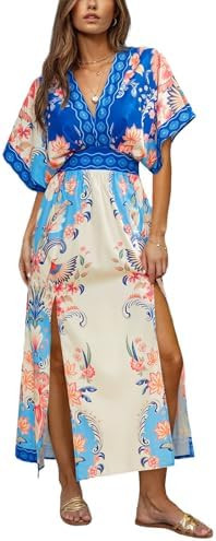 CUPSHE Womens Tropical Floral Maxi Dress V Neck Short Sleeve Smocked Side Slit Dress Summer Vacat... | Amazon (US)