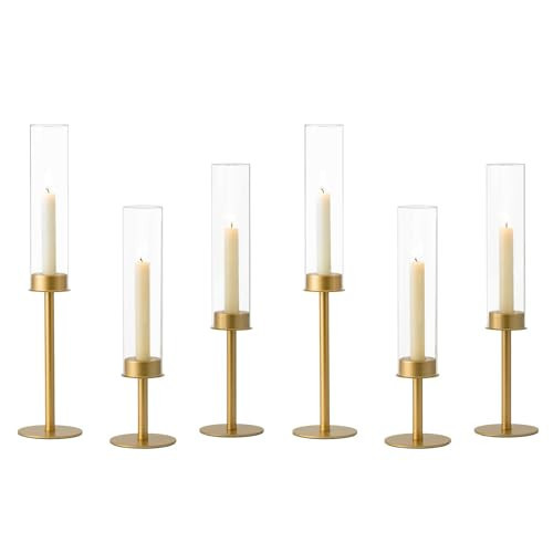 Hewory Gold Candle Holders Hurricane Candlestick Holders, 6Pcs Brass Candle Stick Candle Holder Candelabra, Taper Candle Holders with Glass Candle Cover for Wedding Table Centerpiece Christmas Decor | Amazon (US)