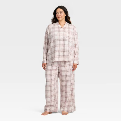 Women's Flannel Long Sleeve Button Down Shirt and Pants Pajama Set - Auden™ Cream/Pink Plaid 1X | Target