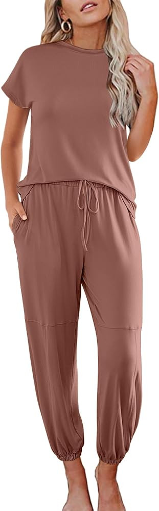 Ekouaer Pajamas for Women 2 Piece Lounge Sets Cap Sleeve Loungewear Top with Joggers Pants S-XXL | Amazon (US)