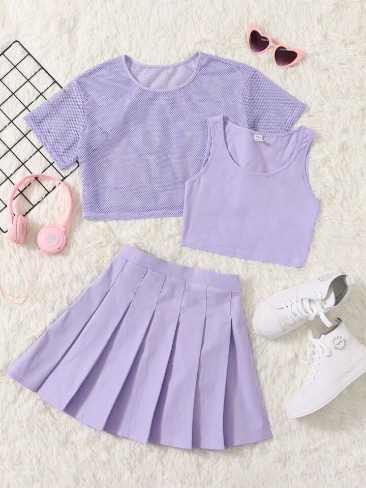 SHEIN Teen Girls Fishnet Top & Tank & Pleated Skirt Set | SHEIN