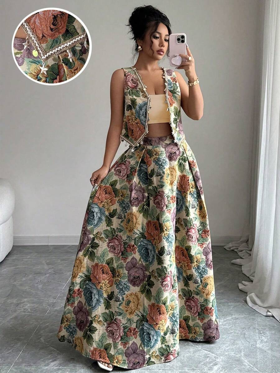 Elenzga 2pcs/Set Women Standard-Sized Shell Trim Open Front Top + Embroidered Multi-Color Skirt | SHEIN