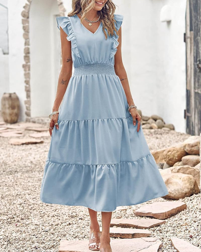 BTFBM Women's Ruffle Trim Sleeveless V Neck Maxi Long Dress Elastic Waist Pleated Swing Aline Elegan | Amazon (US)