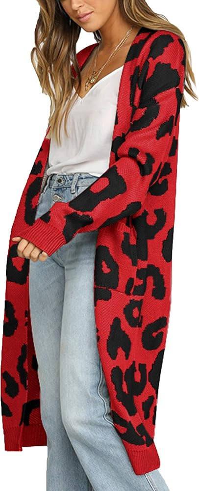 Women's Long Sleeves Leopard Print Knitting Cardigan Open Front Warm Sweater Outwear Coats with P... | Amazon (US)
