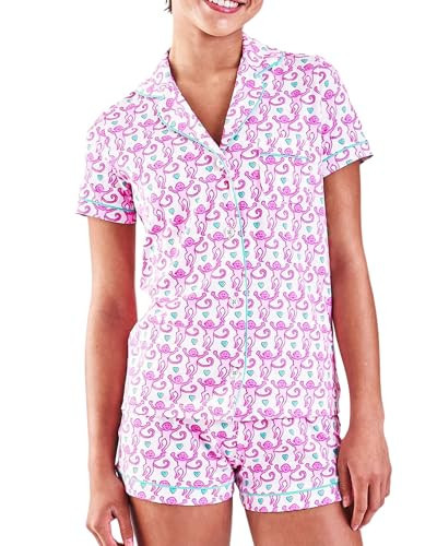 Zelbuck Womens Pajamas Set Trendy 2 Piece Button Down Monkey Bunny Beach Shorts Set Y2k Preppy Loungewear Pjs for Gift Party(Lovely Monkey, Large) | Amazon (US)