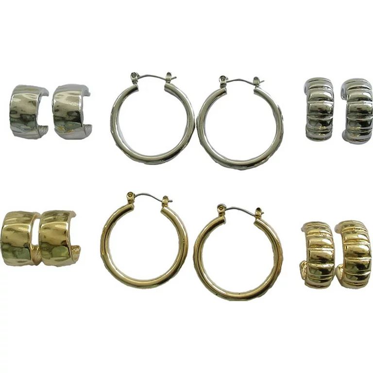 Time and Tru Women's Two Tone Textured and Smooth Hoop Earring Set, 6-Piece | Walmart (US)