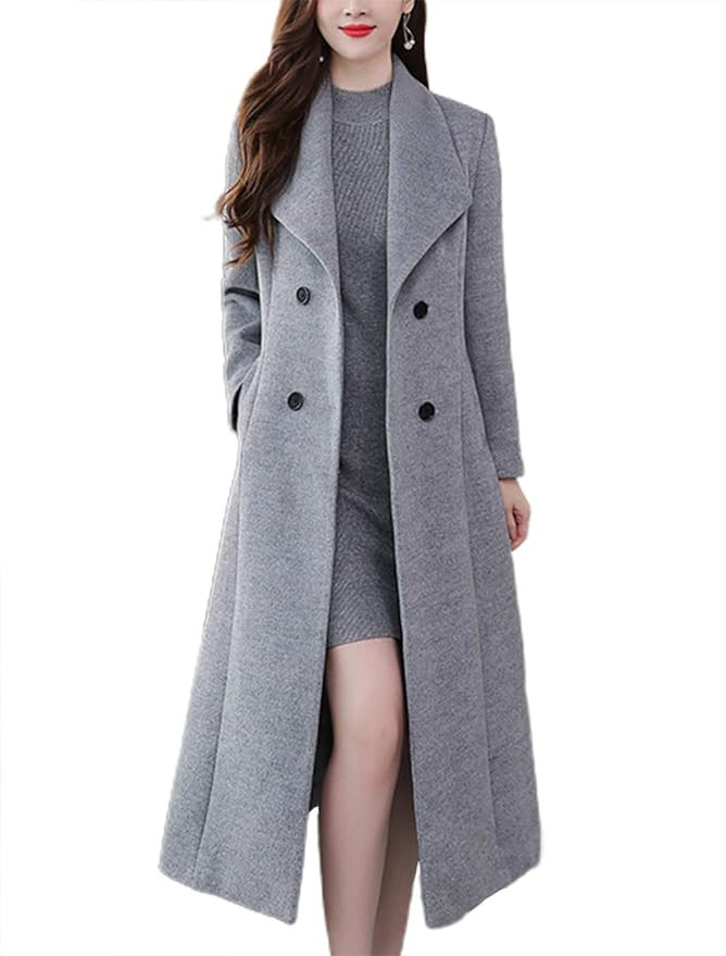 chouyatou Women's Chic Shawl Collar Work Double Breasted Maxi Long Wool Pea Coat | Amazon (US)