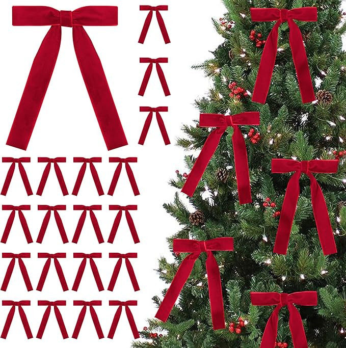 SIMISI RIBBON 24 Pcs Red Velvet Bows Christmas Tree Ornaments Vintage Ribbon Bow for Tree Garland... | Amazon (US)