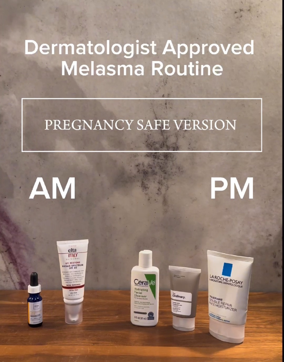 PREGNANCY SAFE VERSION 🫶🏼

AM ROUTINE: 
✨@drmtlgy - Vitamin C serum: brightens skin CODE: MAMADERMDOC for 20% off. 

✨@eltamdskincare UV Restore -  Mineral TINTED sunscreen with iron oxides: protects from UV and visible light. 

PM ROUTINE: 
@cerave - Gentle cleanser 

⭐️ @theordinary - Azelaic acid: works similarly to hydroquinone but is a pregnancy safe alternative

@larocheposayusa toleriane double repair moisturizer- with niacinamide. 


#LTKbeauty #LTKbump