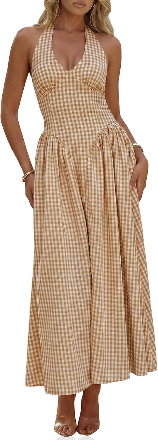 Wenrine Womens Halter V Neck Corset Maxi Dresses Summer Plaid Smocked Dress | Amazon (US)