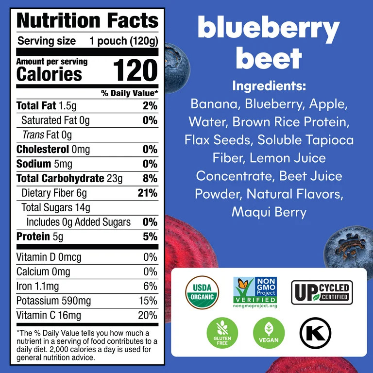 Noka Organic Blueberry Beet Superfood Smoothie Pouches with Plant Protein, 4.22oz, 4-Pack | Walmart (US)