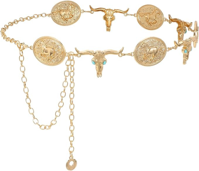 XZQTIVE Western Concho Belt for Women Silver Gold Chain Belt Cowgirl Belt for Dresses Jeans Count... | Amazon (US)