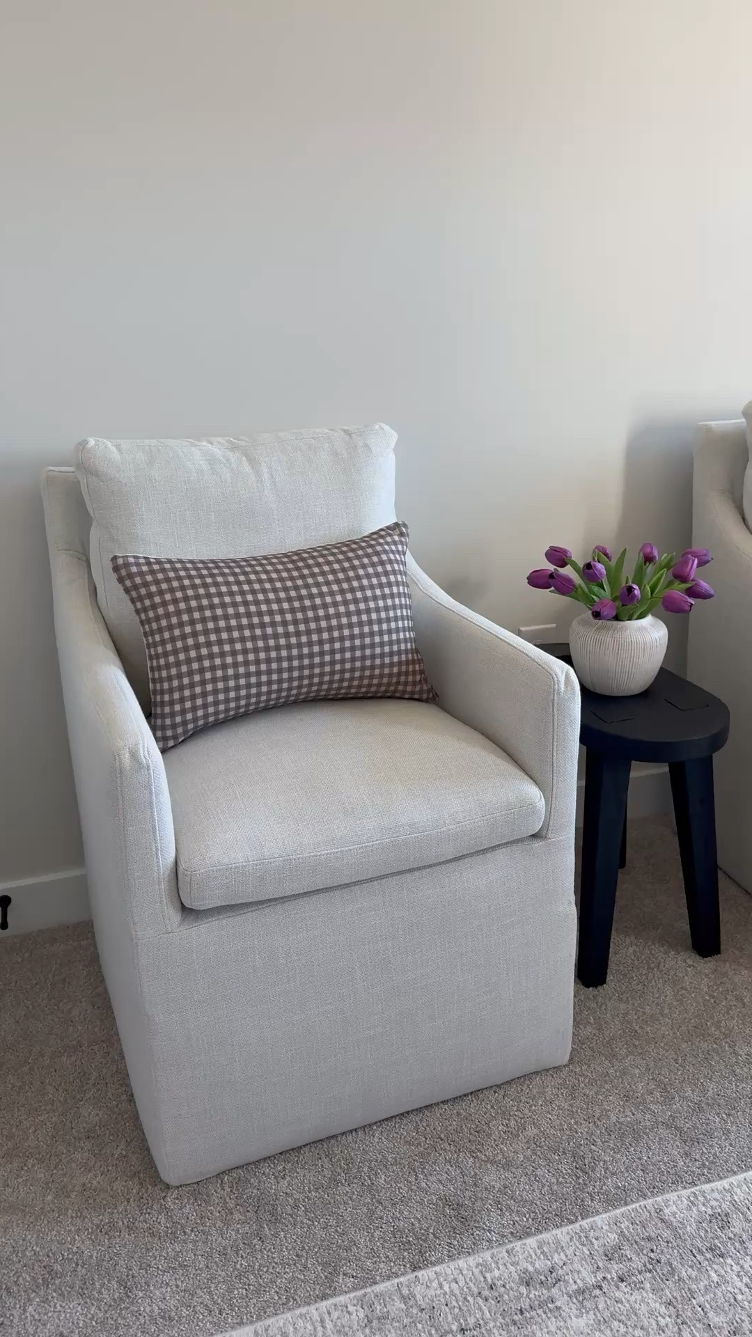 Upholstered chairs, gingham pillow cover, pillow insert, black table, cream vase, purple tulips, office chairs, home office, dining room chairs

#LTKdayinmylife #LTKHome #LTKSaleAlert
