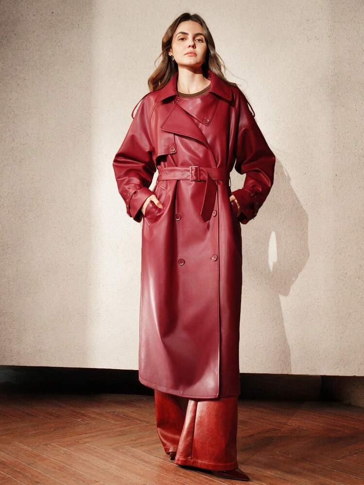 Anewsta Women's Angora Red Elegant Trench Coat, Double-Breasted Collar Design, Long Stylish Windbreaker Jacket, Autumn/Spring | SHEIN
