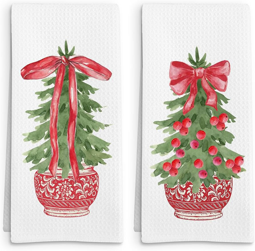 Red Chinoiserie Christmas Kitchen Towels Set of 2, Chinoiserie Procelain Hand Towel, Red Bow Xmas... | Amazon (US)