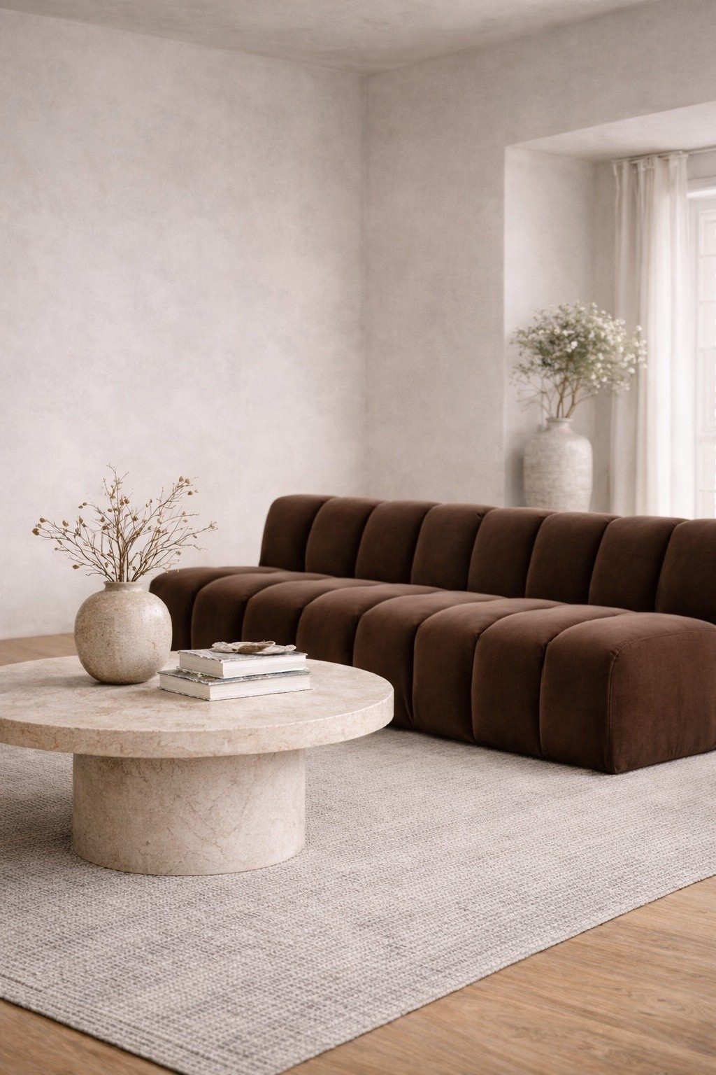 Modern brown sofa. 89.5” W x 31” D x 30” H.

#LTKHome #LTKOver40