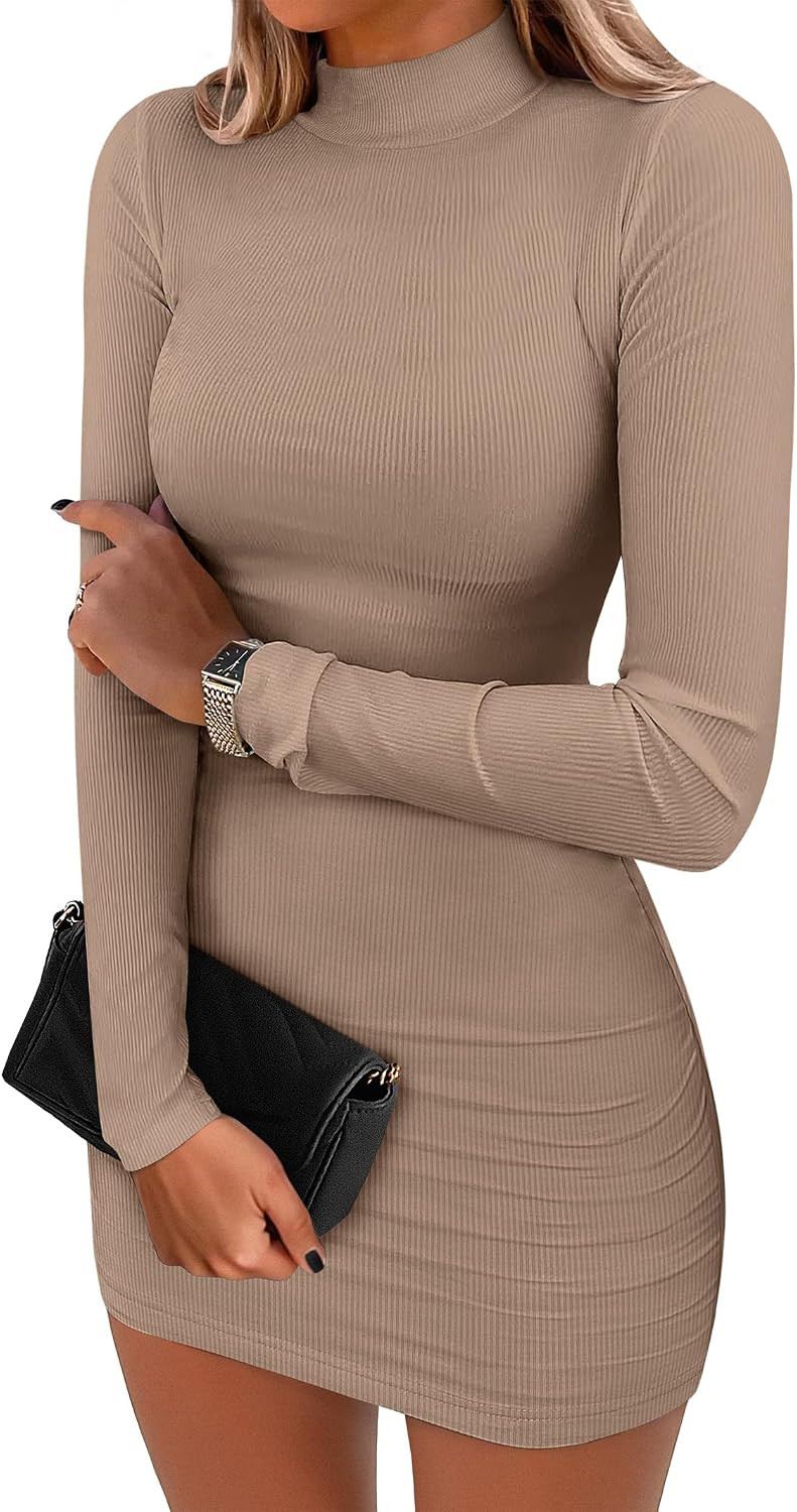 ANRABESS Women Fall Long Sleeve Mock Neck Ribbed Knit Mini Dresses | Amazon (US)