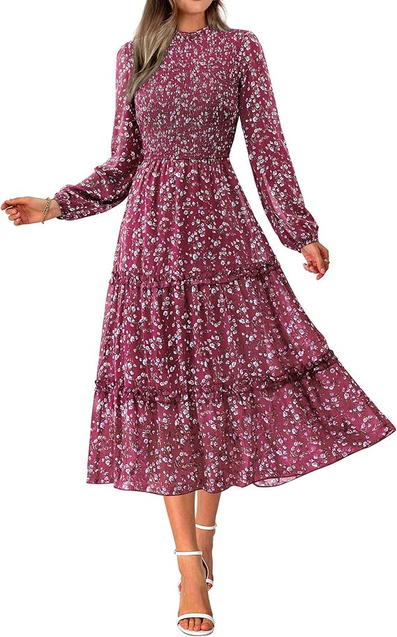 NOLLSOM Women Fall Dress 2026 Long Sleeve Wedding Guest Maxi Dresses | Floral,Crew Neck, Smocked,... | Amazon (US)