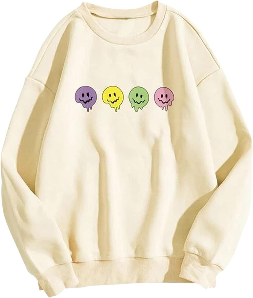 MISSACTIVER Women Oversized Fleece Smiley Face Graphic Sweatshirts Crewneck Long Sleeve Drop Shoulde | Amazon (US)