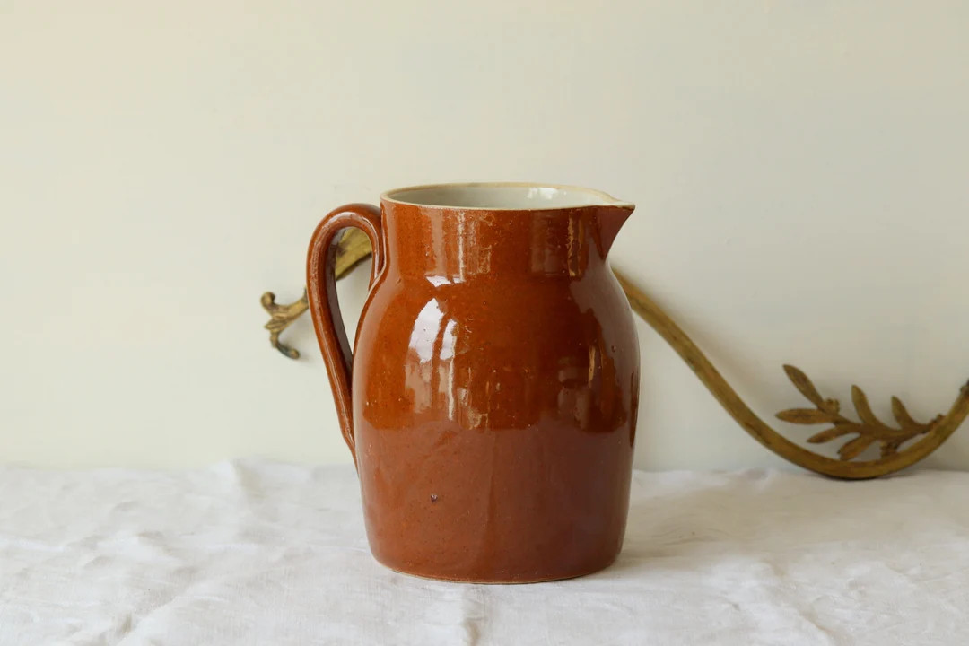 French Vintage Stoneware Brown Glaze Jug, Rustic Handmade Ceramic Water Pitcher - Etsy Canada | Etsy (US)