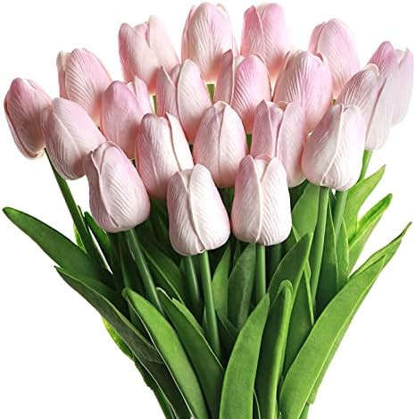 SOJIRUSPA Pink Tulips Artificial Flowers 20 Pcs Fake Tulips PU Artificial Tulips Flower Arrangement  | Amazon (US)