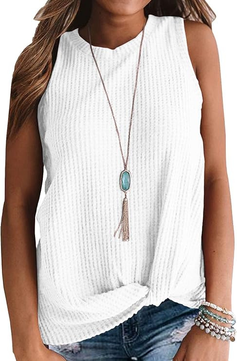 IWOLLENCE Womens Waffle Knit Tank Tops Casual Blouse Sleeveless Cute Twist Knot Tunic | Amazon (US)