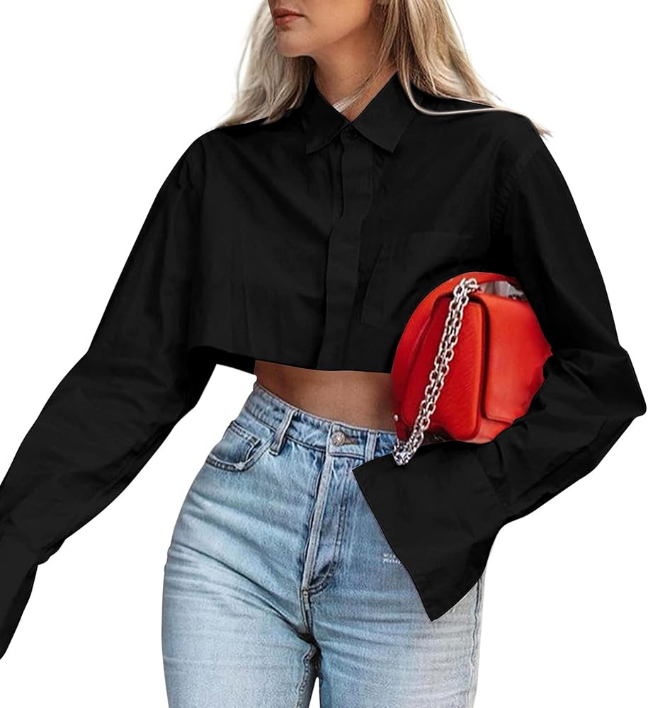 SAFRISIOR Women Solid Button Down Turn Down Collar Crop Shirt Long Sleeve Loose Aesthetic Irregul... | Amazon (US)