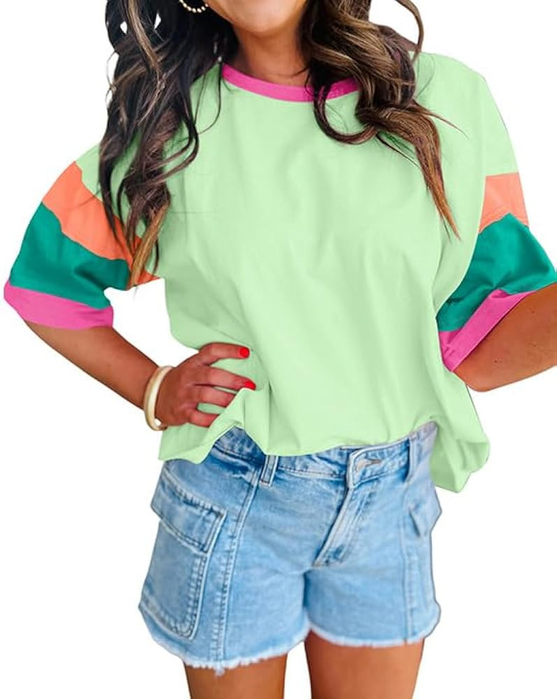 Women Oversized Color Block T-Shirt Casual Loose Crewneck Short Sleeve Drop Shoulder Patchwork Sh... | Amazon (US)