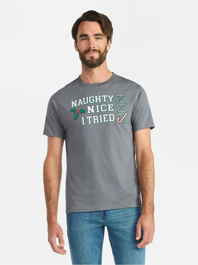 Christmas Men's and Big Men's Naughty Nice Graphic Tee from Holiday Time, Sizes XS-3XL | Walmart (US)