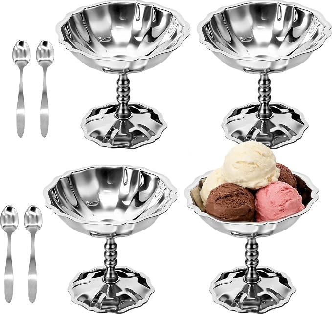 Ice Cream Cups Set of 4 with Spoons, 4.4 oz Vintage Stainless Steel Dessert Bowls, Footed Sundae ... | Amazon (US)