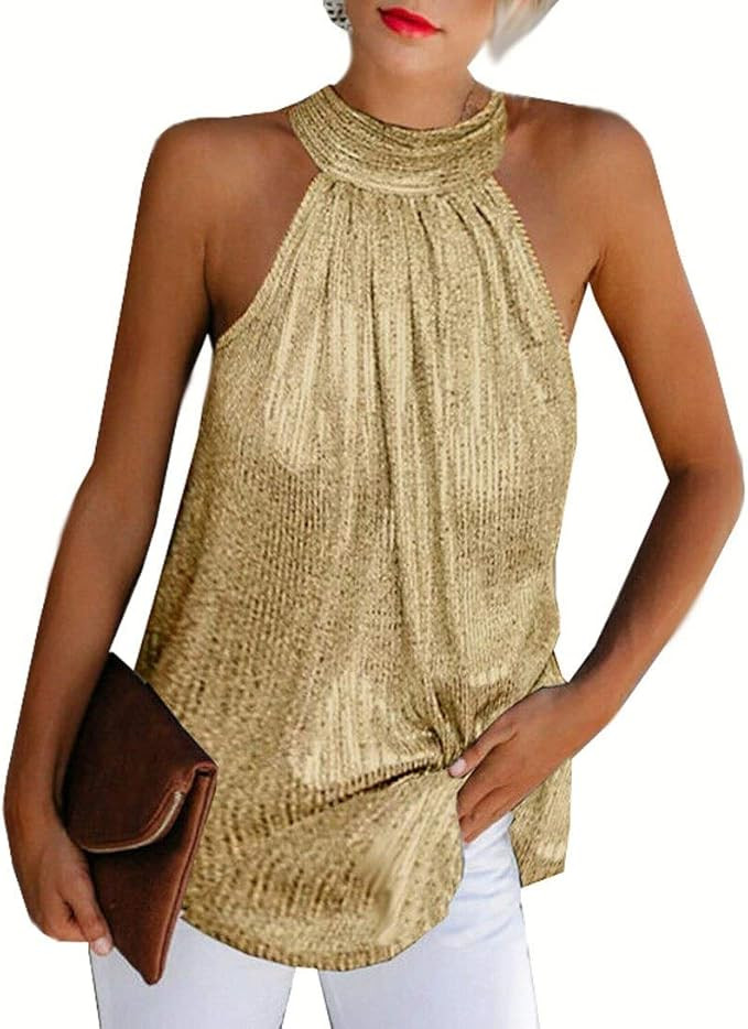 PESION Womens Halter Tank Tops Sleeveless Mock Neck Metallic Shiny Tops Blouse | Amazon (US)