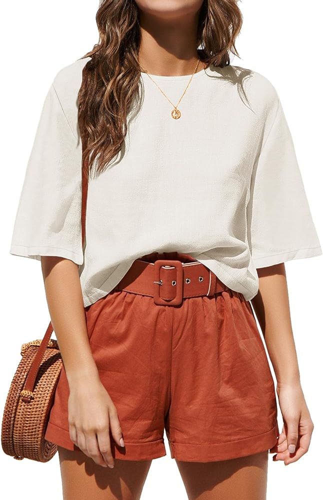 ANRABESS Womens Short Sleeve Crop Tops Oversized Linen Shirts 2024 Summer Outfits Cute Tshirt Top... | Amazon (US)