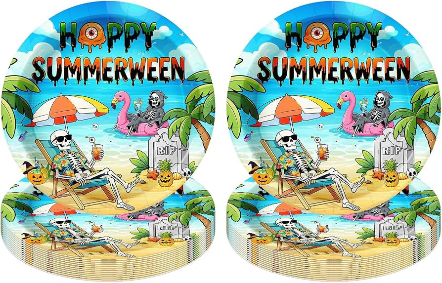 50Pcs Summerween Party Plate Decorations, 9" Happy Summerween Paper Plates, Halloween In Summer T... | Amazon (US)