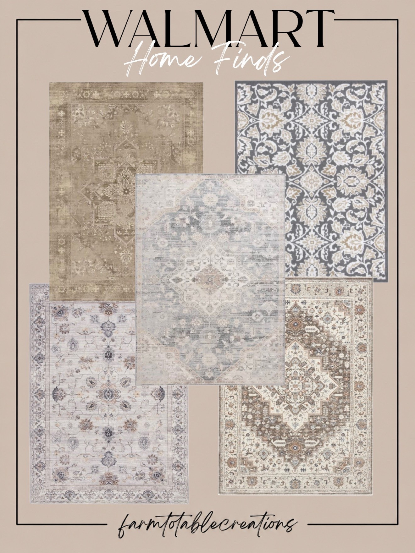 Walmart Rugs That Look Designer 🤎

Walmart has some seriously gorgeous rugs right now! These neutral, vintage-inspired finds are perfect for giving a room that layered, collected look without spending designer prices. From soft taupes and creams to deeper charcoal and warm brown tones, there’s an option here for just about any neutral space.

A beautiful rug can completely transform a room, and these would work so well in living rooms, bedrooms, dining spaces, or entryways. I love how timeless they feel while still adding plenty of pattern and character!

Follow @farmtotablecreations on Instagram for more cozy home finds and trending decor.

#LTKHome #WalmartFinds #WalmartHome #WalmartStyle #WalmartRugs #AreaRug #RugFinds #NeutralHome #VintageInspired #DesignerInspired #CozyHome #HomeDecor #AffordableHomeDecor #HomeInspo #LTKFinds

#LTKSaleAlert #LTKHome