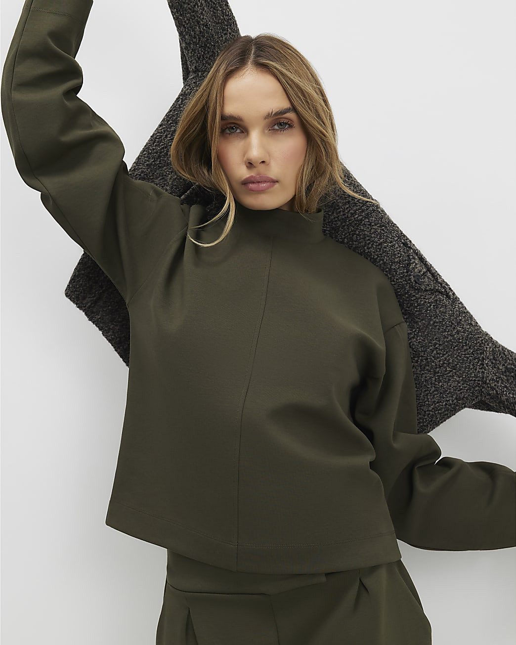 Khaki Funnel Neck Top | River Island UK & IE