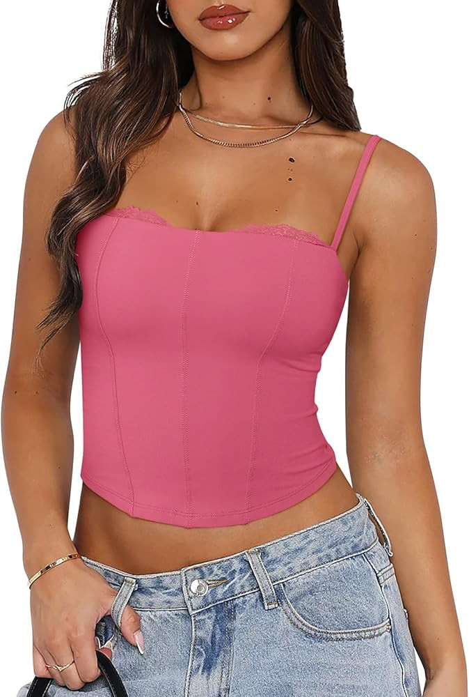 PINKMSTYLE Lace Bustier Corset Going Out Tops for Women Spaghetti Strap Tank Tops Sexy Club Outfi... | Amazon (US)