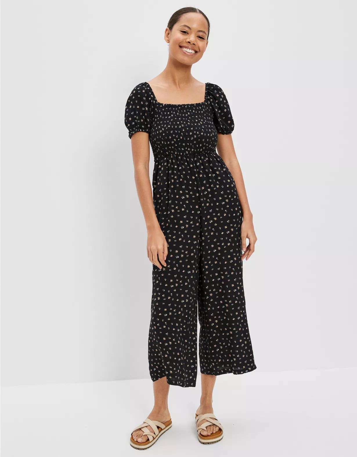 AE Smocked Puff-Sleeve Jumpsuit | American Eagle Outfitters (US & CA)