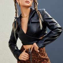 Cross Wrap Crop PU Leather Blazer | SHEIN