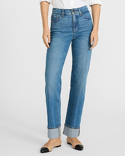High Waisted Medium Wash Cuffed Straight Jeans | Express