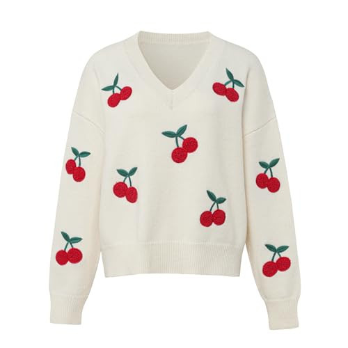Women's Cherry Embroidered Cute Sweater top V-Neck Fashionable Sweater Long Sleeved Knitted Sweater Winter Tops | Amazon (US)