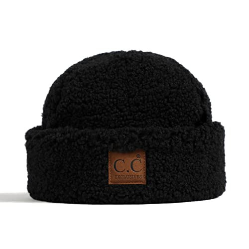 C.C Women’s Sherpa Beanie Hat – Warm Fuzzy Winter Knit with Signature Suede Logo (Black-Beanie) | Amazon (US)