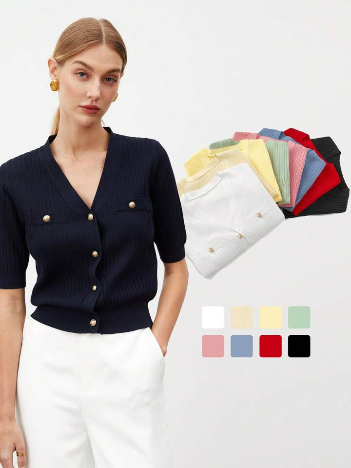 SHEIN BIZwear Casual Ladies' Short Sleeve Knitted Blouse With Single Breasted Closure | SHEIN