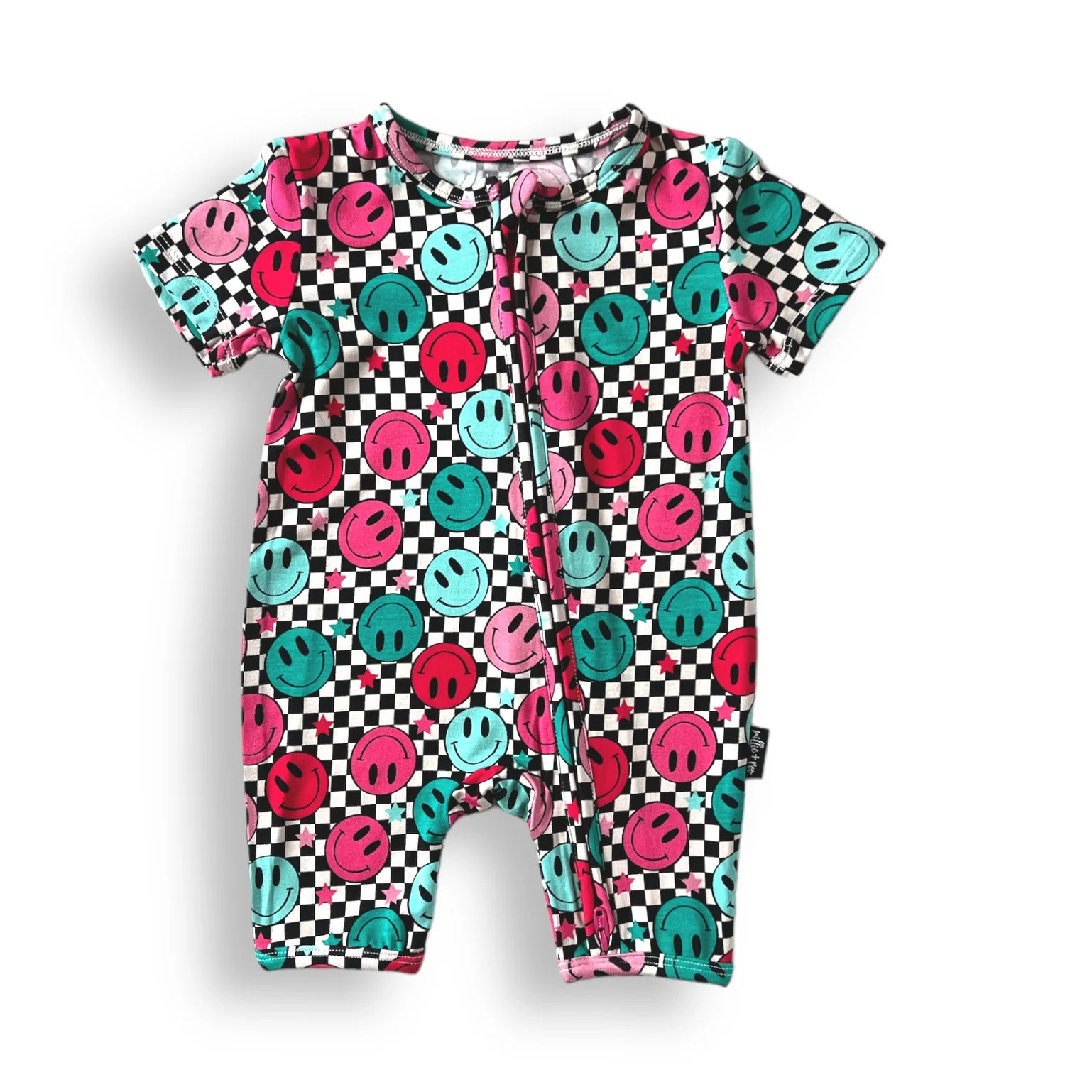 SHORTIE ZIP ROMPER - Pink Check Smile | millie + roo