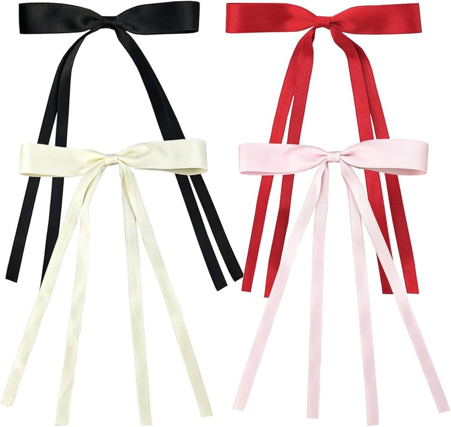 Hair Clip for Women and Girls, 4 PCS Hair Ribbons with Long Tail, Big Ribbon Bows Satin Hair Clip... | Amazon (US)