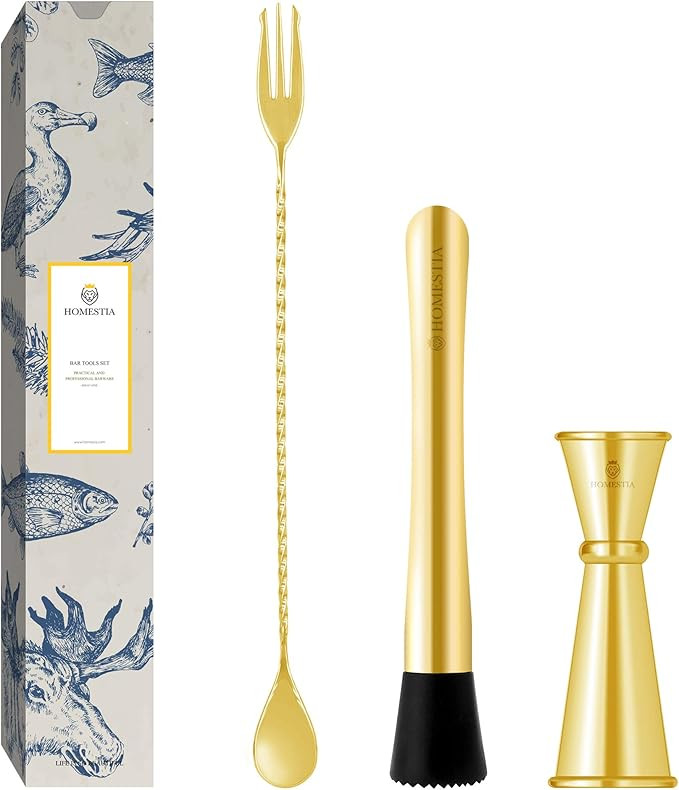 Homestia Cocktail Muddler and Mixing Spoon with Double Jigger 304 Stainless Steel Bar Tool Set of... | Amazon (US)