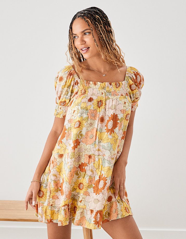 AE Floral Puff-Sleeve Mini Dress | American Eagle Outfitters (US & CA)