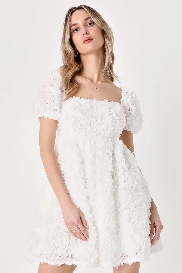 Precious Passion White Floral Puff Sleeve Babydoll Dress | Lulus