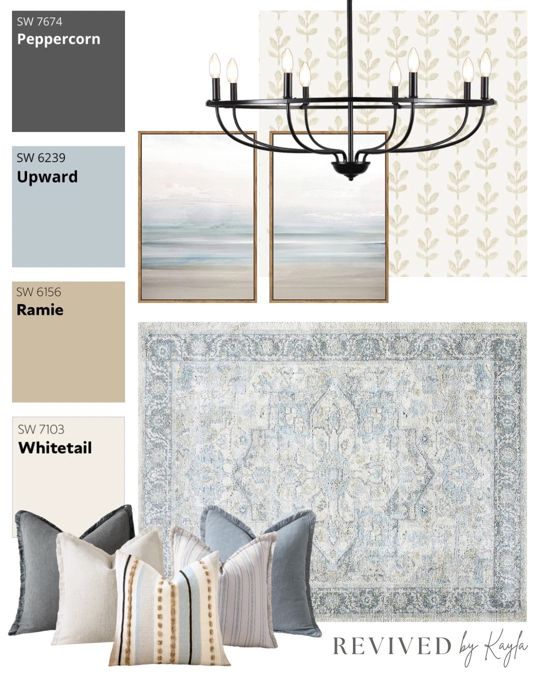 Light blue and tan room design mood board 🩵

#homedecor #homedesign #livingroom #bedroom #home #blue #decor #beachy #calming #modern #cozy #interiordesign #homeinspo #coastal #paintcolors #sherwinwilliams #amazon #wayfair #amazonhome Wallpaper, rug, throw pillows, wall art, light fixture, curtains 

#LTKHome
